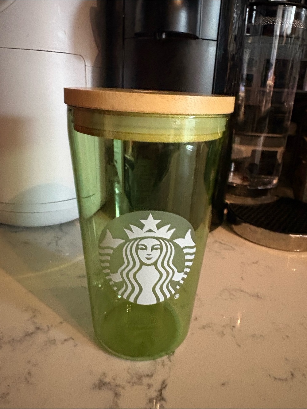 Starbucks Green Tumbler with White Siren Logo and Tan Lid